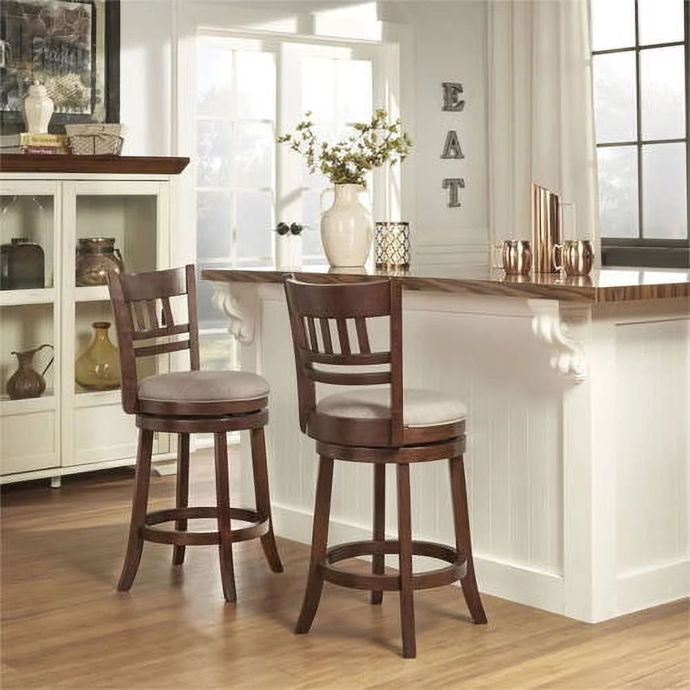 Dark Cherry Wood Counter Height Stool with Gray Linen Q194266
