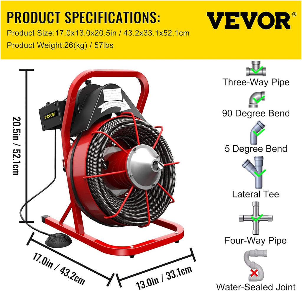 75Ft x 3/8Inch Drain Cleaner Machine, 250W, Portable Electric Drain Auger with Cutters Glove R419151