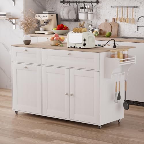 Kitchen Island on Wheels with Storage, Drop Leaf, Power Outlet, Trash Can Storage, Spice Rack, Towel Rack, Drawers L944