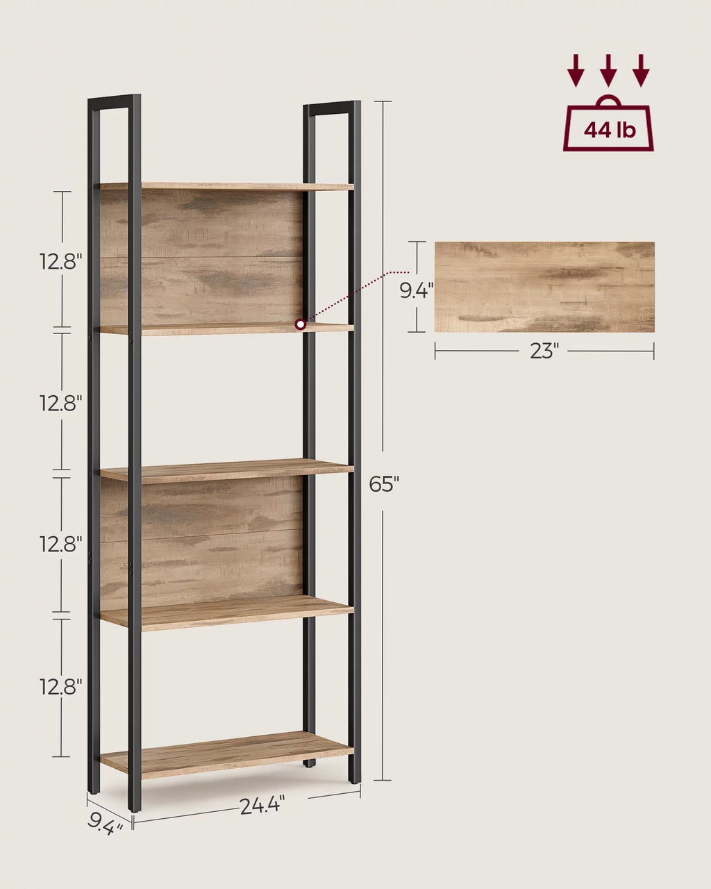 5 Tier Rustic Walnut Black Bookshelf Z5994