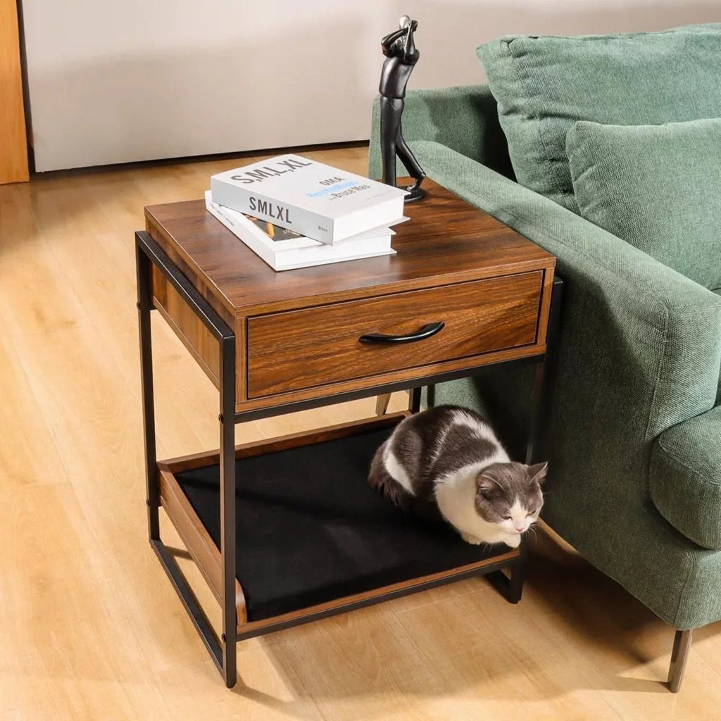 Brown End Table with Storage Drawer and Cat Resting Seat F810833