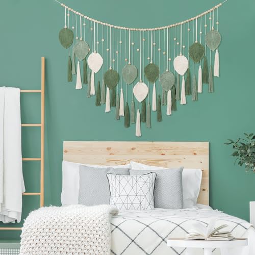 Large Macrame Wall Hanging Beige Green Feather Tapestry Wall Art Wooden Beads Handmade Woven Leaf Tassels Wall Decor O1138