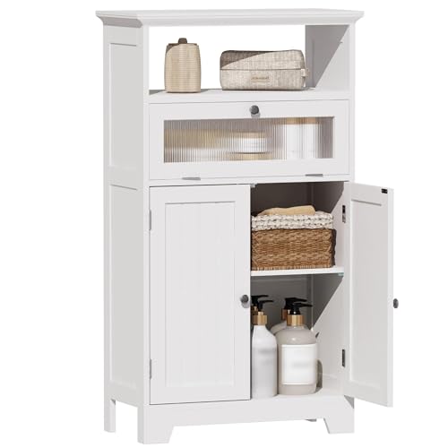 Navy Blue Bathroom Floor Storage Cabinet with Flip Glass Drawer P473302