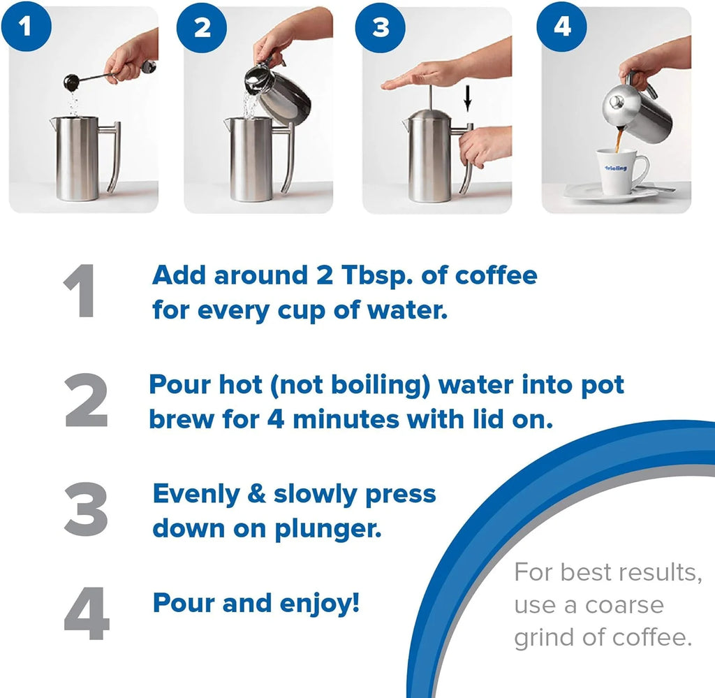 Double-Walled Stainless-Steel French Press Coffee Maker, Brushed, 17 Ounces I6106