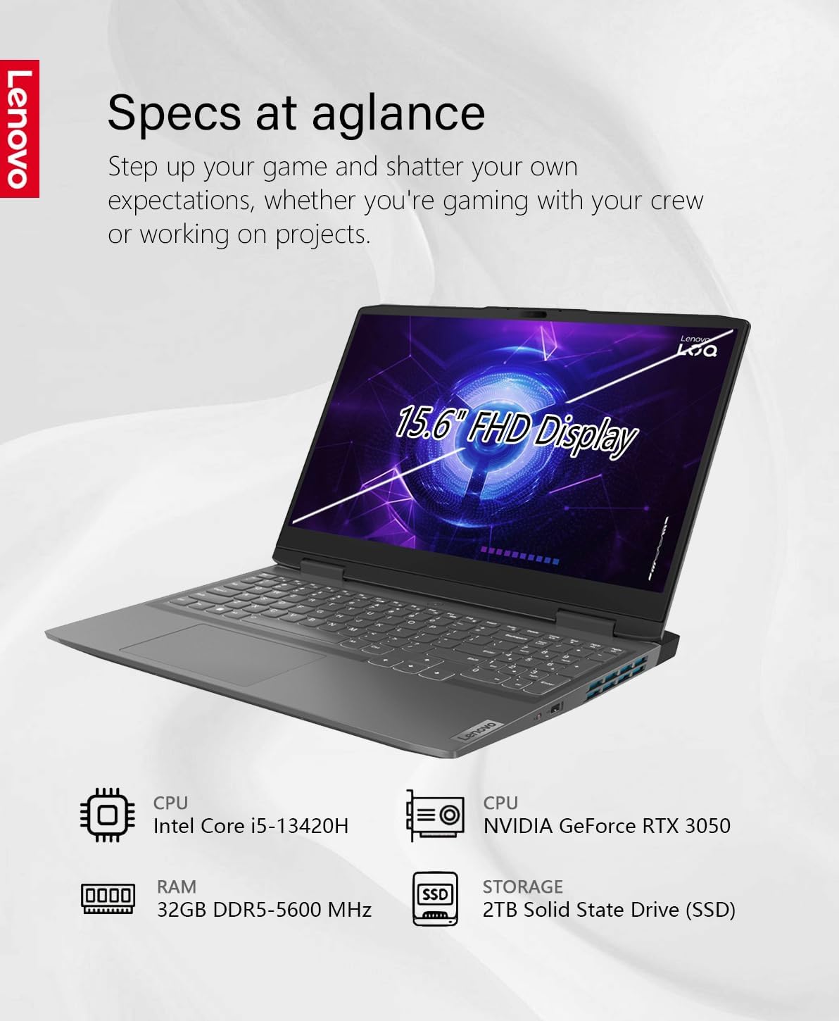 15.6" Gaming Laptop, 144Hz IPS, Intel Core i5-13420H, 32GB RAM 2TB Storage, NVIDIA GeForce RTX 3050, Backlit KB, Win11, Storm Grey J73482