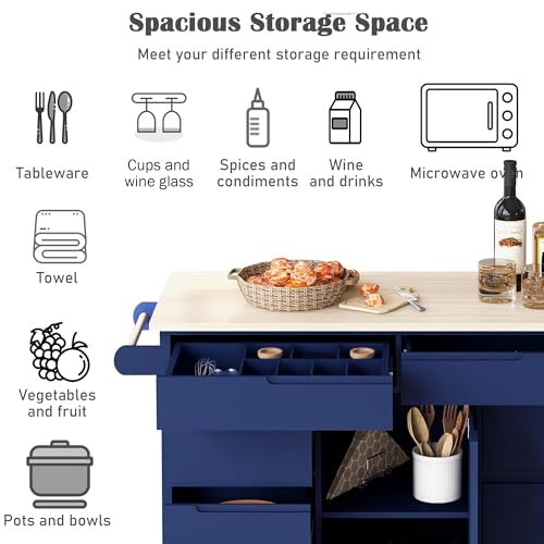 Farmhouse Kitchen Island with Power Outlet, Rolling Cart with Drop Leaf, Storage Cabinet Table on Wheels with Spice Rack and Drawer A485