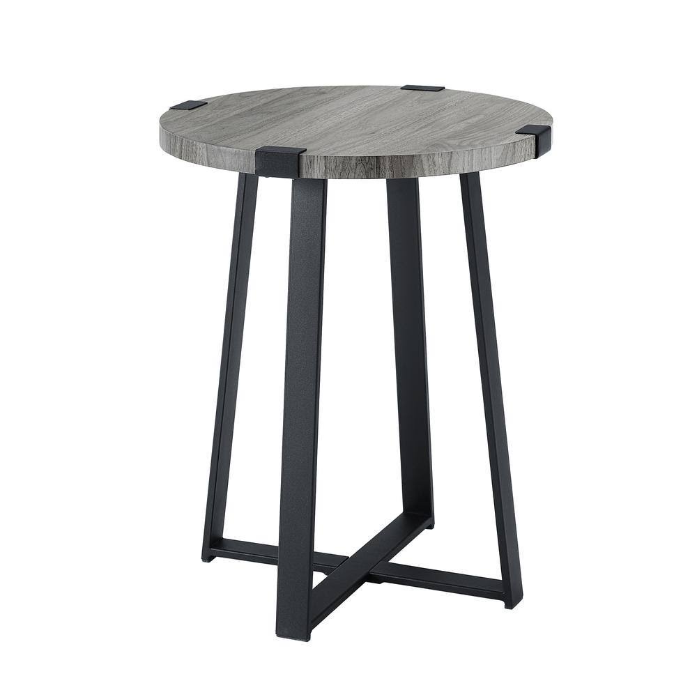 Slate Grey Wood and Metal Round Accent Side Table V8410