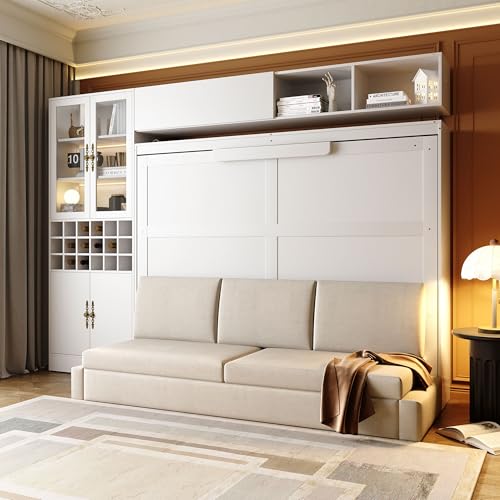 Queen Murphy Bed with Couch and Storage Shelves, Charging Station, LED Light, Wood Foldable Wall Bed Cabinet with Sofa and Storage Cabinet, Bookcase, Wine Rack (White) J945738