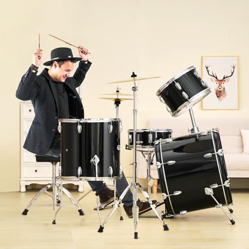 Black 5-Piece Drum Set with Bass, Toms, Snare, Floor, Stands, Cymbal, Hi-Hat Pedal and Drumsticks S409016