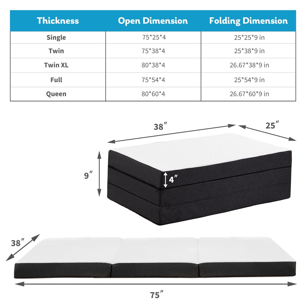 4 Inch Tri Folding Memory Foam Mattress with Breathable Cover O6508
