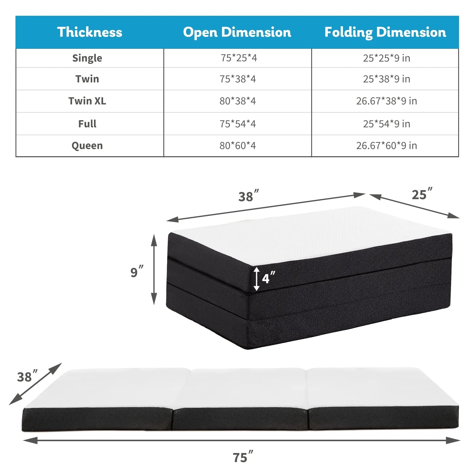 4 Inch Tri Folding Memory Foam Mattress with Breathable Cover O6508