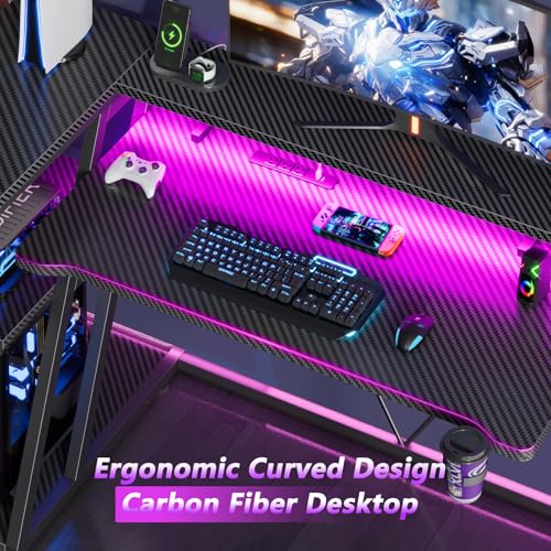 55 Inch L Shaped Gaming Desk with Power Outlet, LED Lights, Storage Shelves, Carbon Fiber Black X715197