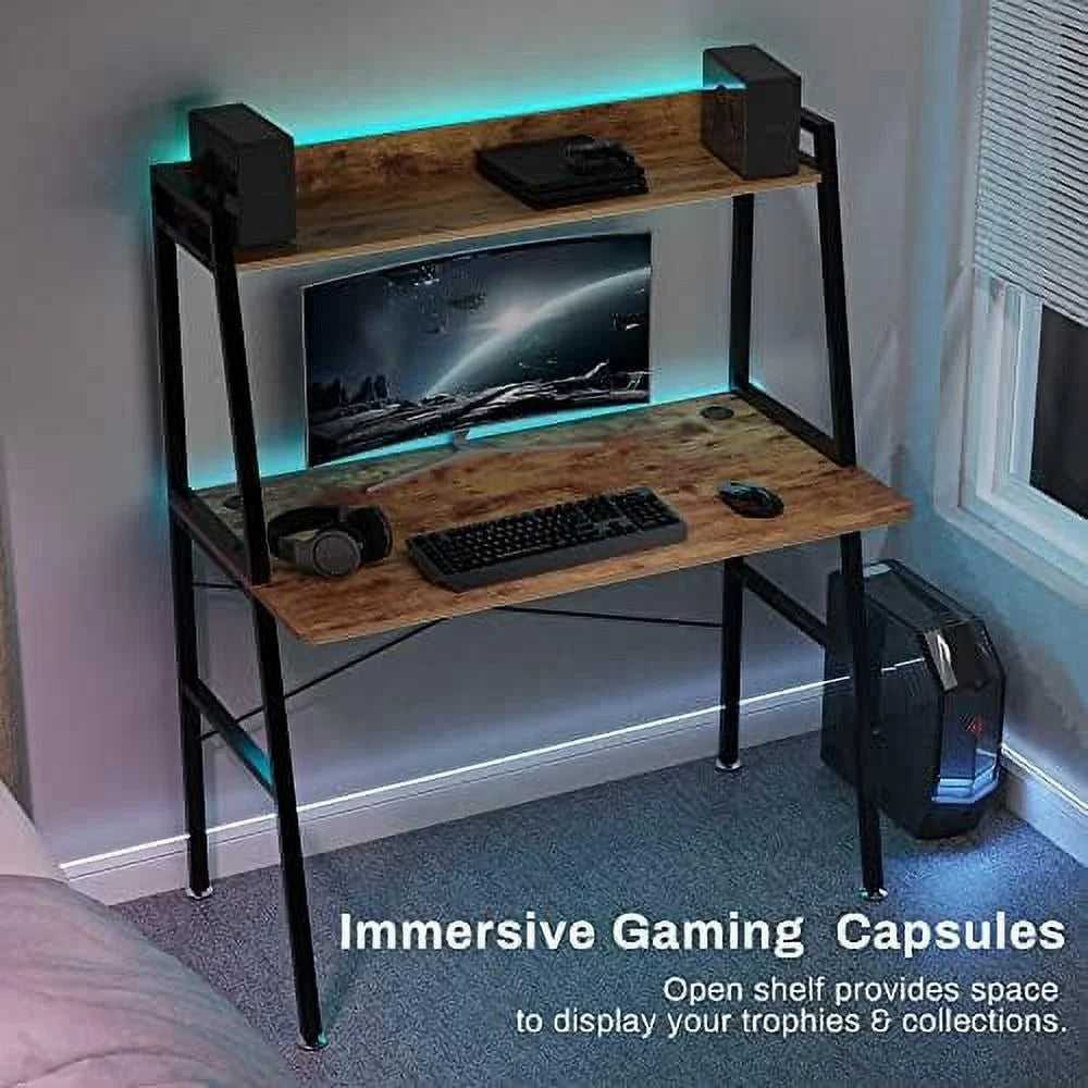 Rustic Brown 43 Inch 2-Tier Computer Desk with Shelves Metal Frame G42234
