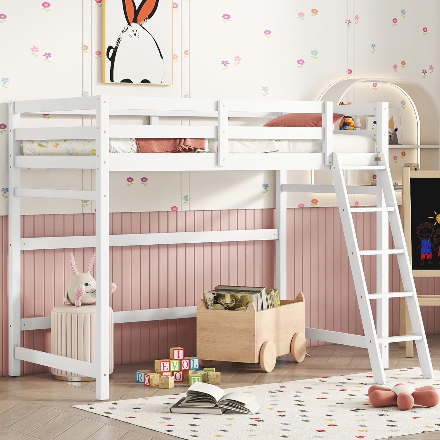 White Twin Size Wooden Loft Bed with Ladder and Guardrail U9906