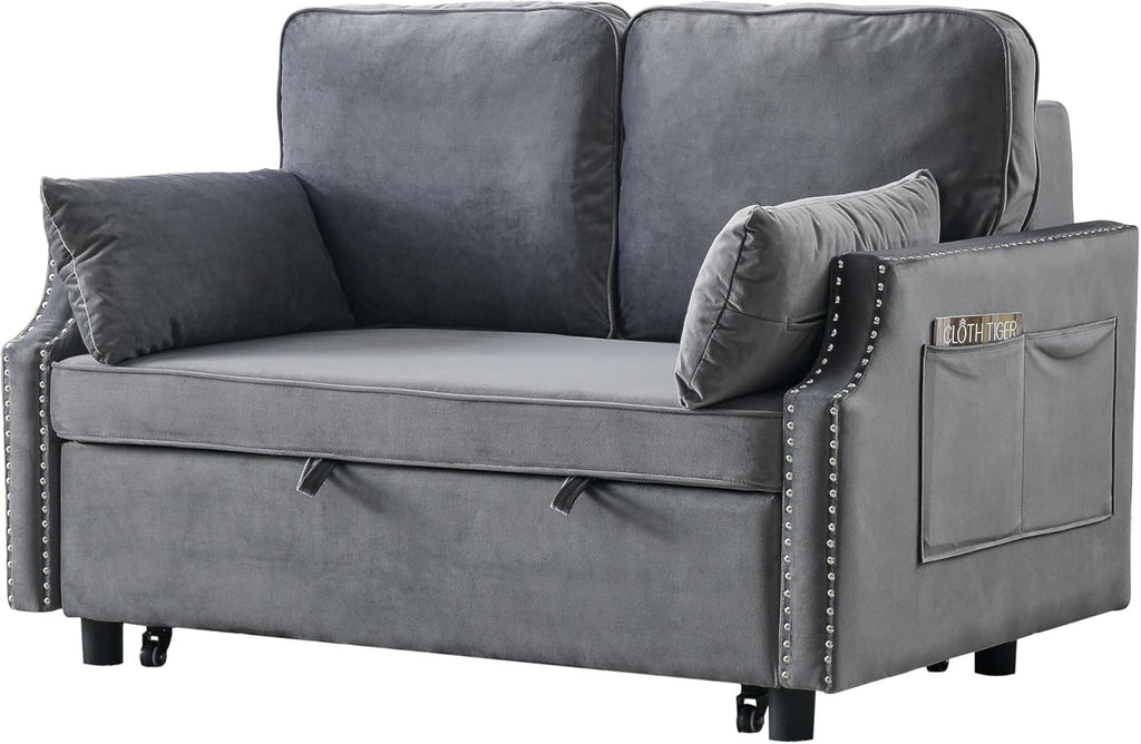 Grey Velvet Upholstered Recliner Bed with Pull-Out Sleeper Sofa Folding Loveseat N535