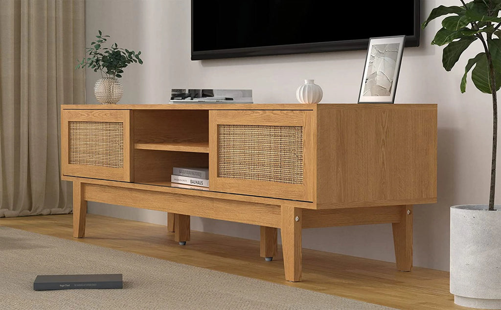 Rattan Sliding Doors Low Profile Television Stand 59 Inch U954805