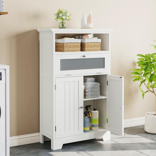 Navy Blue Bathroom Floor Storage Cabinet with Flip Glass Drawer P473302