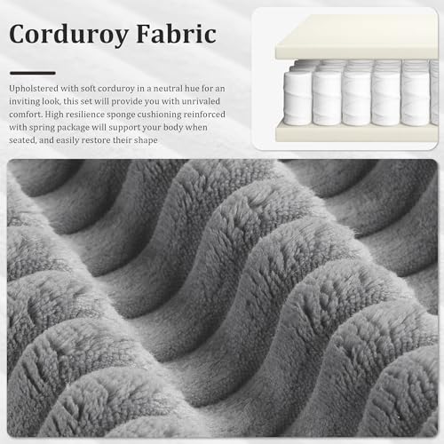Grey Corduroy Oversize 3 Seater Sofa with 2 Ottomans B834