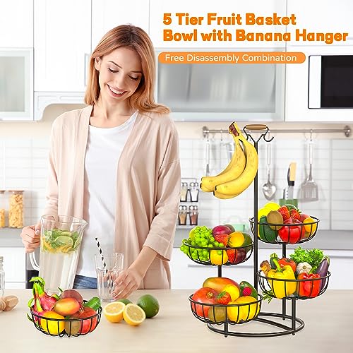 Black Metal Wire 5 Tier Fruit Basket with Banana Hanger D728799