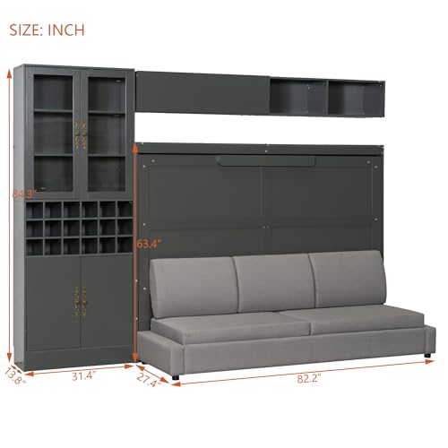 Queen Murphy Bed with Couch and Storage Shelves, Charging Station, LED Light, Wood Foldable Wall Bed Cabinet with Sofa and Storage Cabinet, Bookcase, Wine Rack (White) J945738