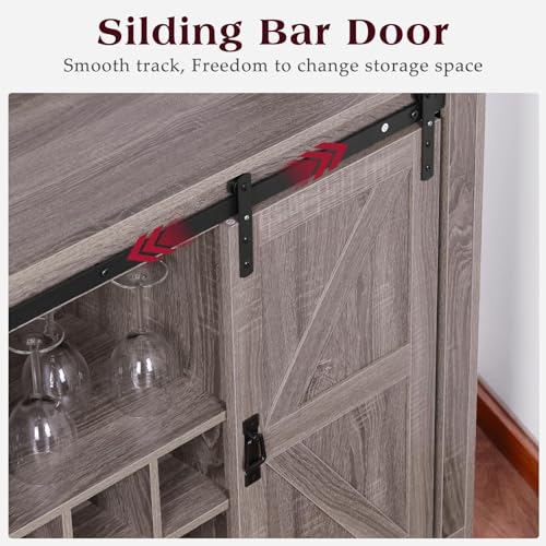 Grey Coffee Bar Cabinet with Sliding Barn Door and Adjustable Shelves M328