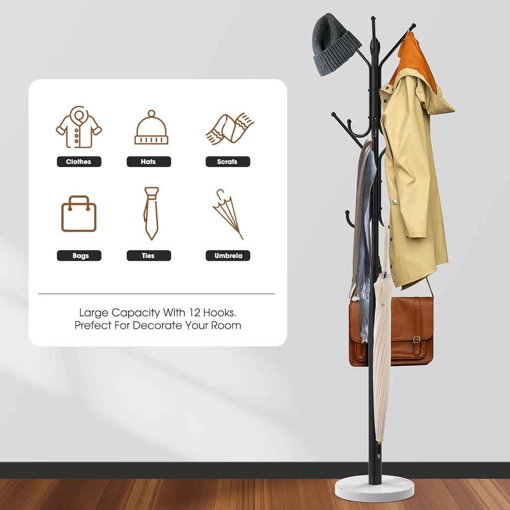 Metal Sturdy Coat Rack with 12 Storages and Natural Marble Base N7724