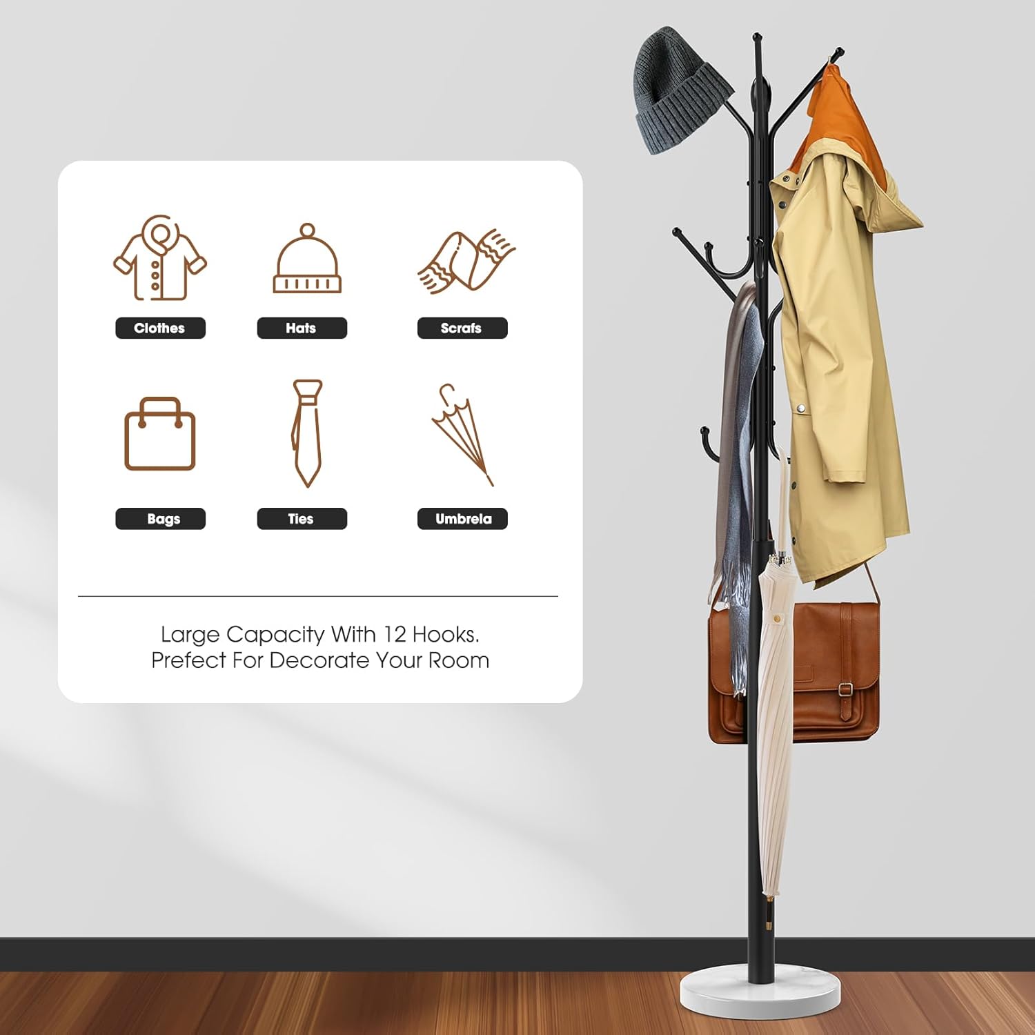 Metal Sturdy Coat Rack with 12 Storages and Natural Marble Base N7724