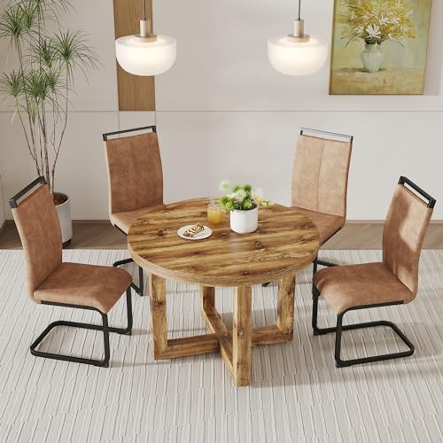 Round Dining Table Set for 4 Wood Upholstered Chair Brown T784073