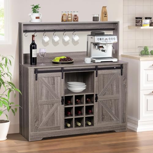 Grey Coffee Bar Cabinet with Sliding Barn Door and Adjustable Shelves M328