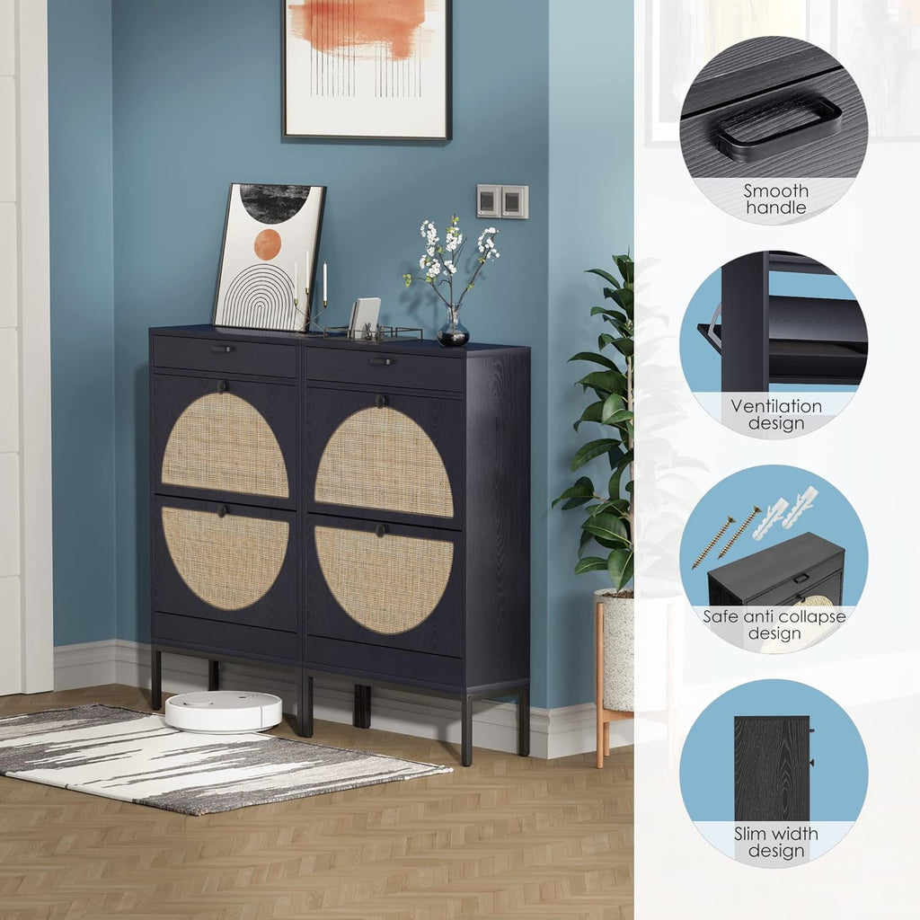 Natural Rattan Weave Shoe Cabinet with 2 Flip Drawers (Black, 2 Pieces) B441