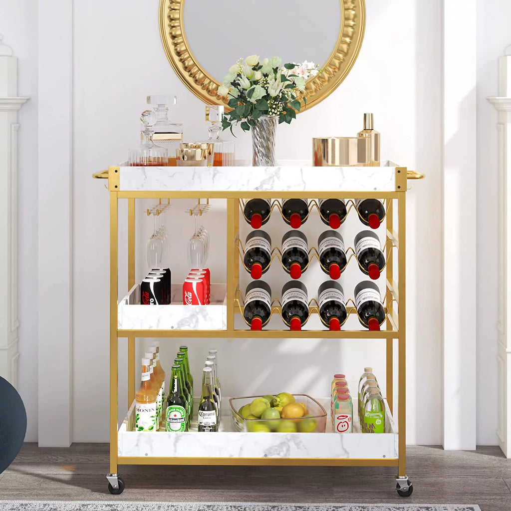 Gold Bar Cart with 12 Bottle Wine Rack T930712