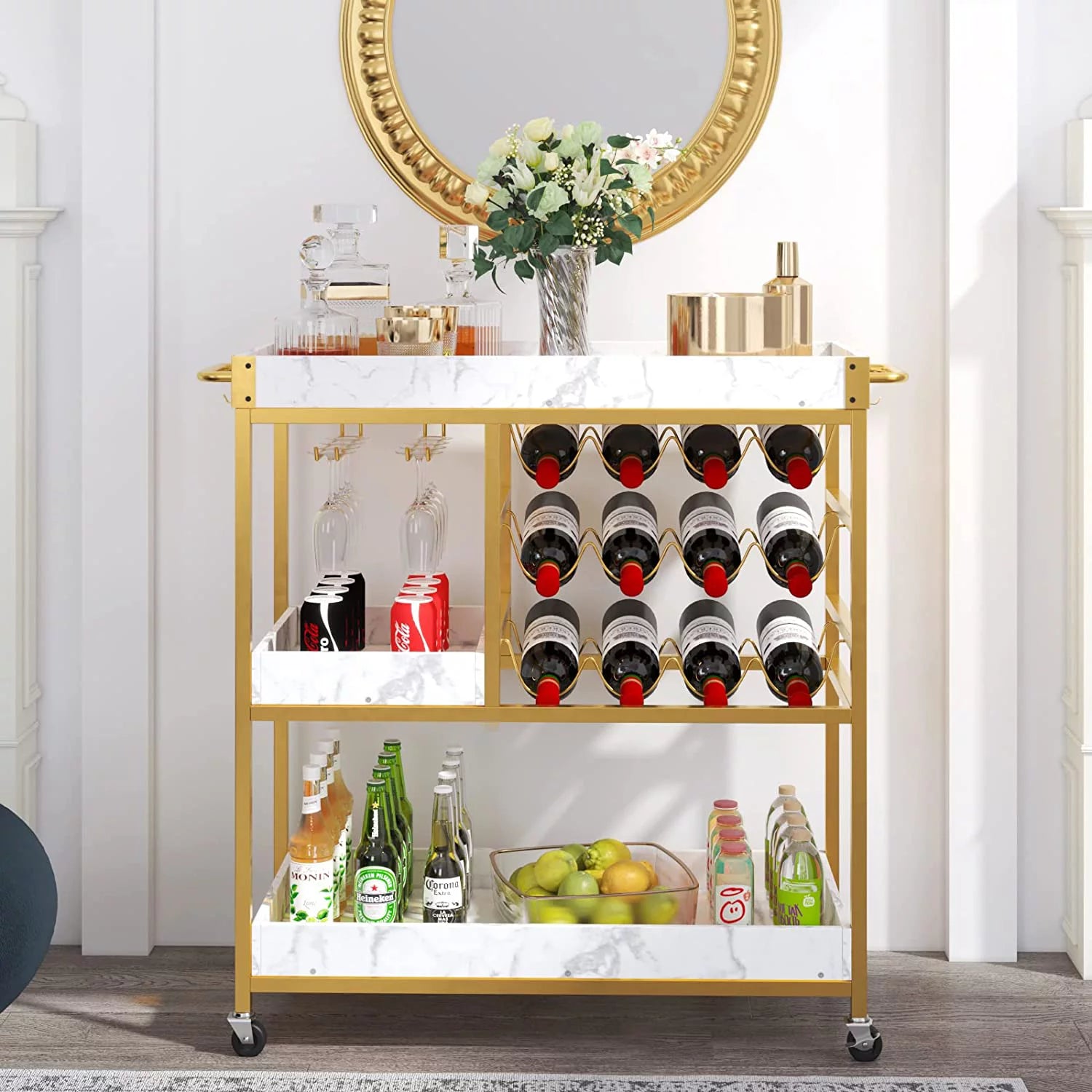 Gold Bar Cart with 12 Bottle Wine Rack T930712