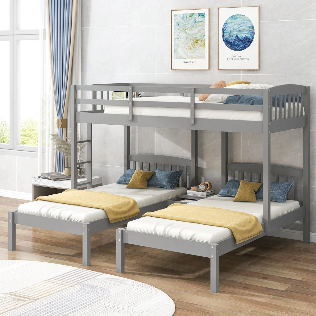 Triple Twin Solid Wood Bunk Beds with Guardrail and Ladder and Built-in Middle Drawer Q532097