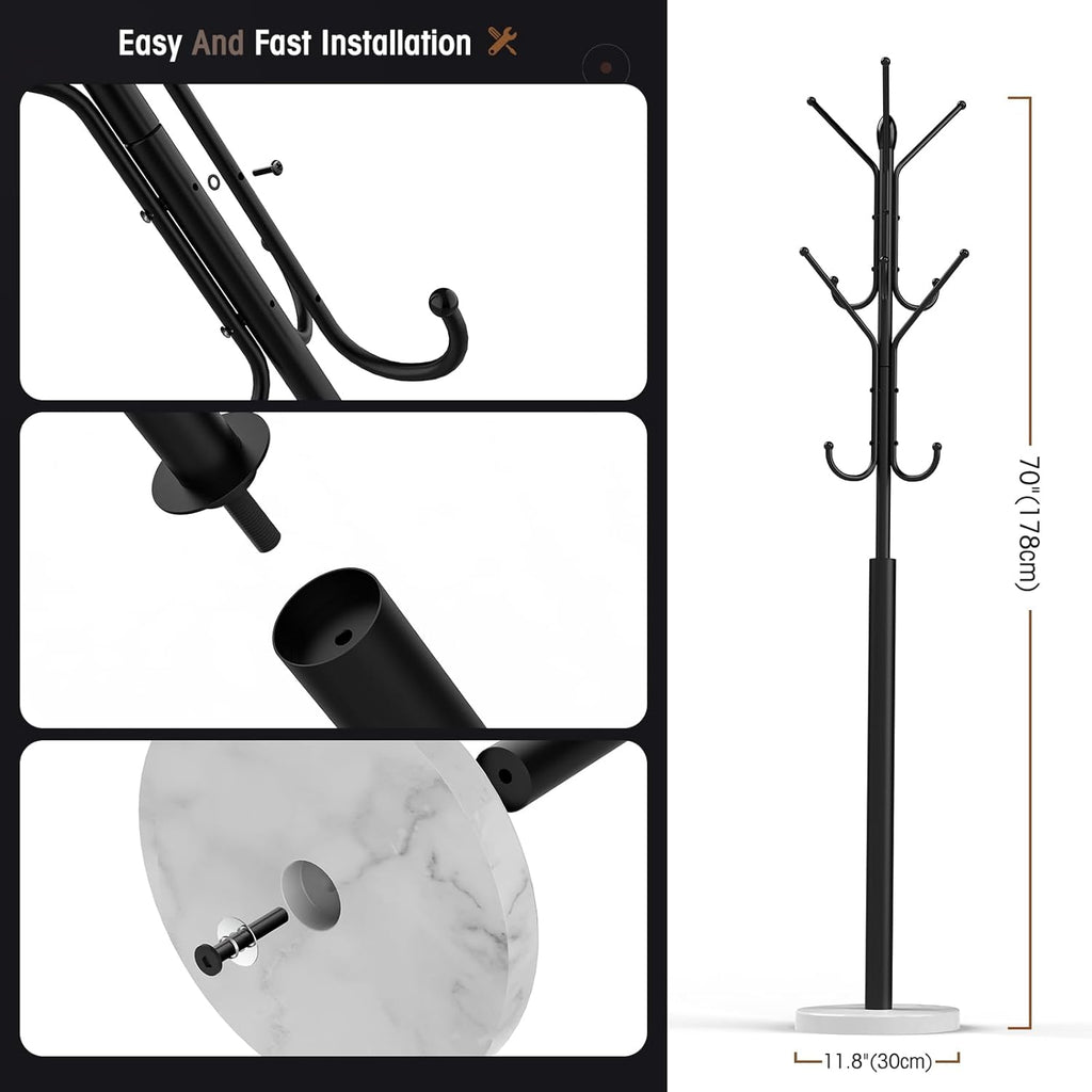 Metal Sturdy Coat Rack with 12 Storages and Natural Marble Base N7724