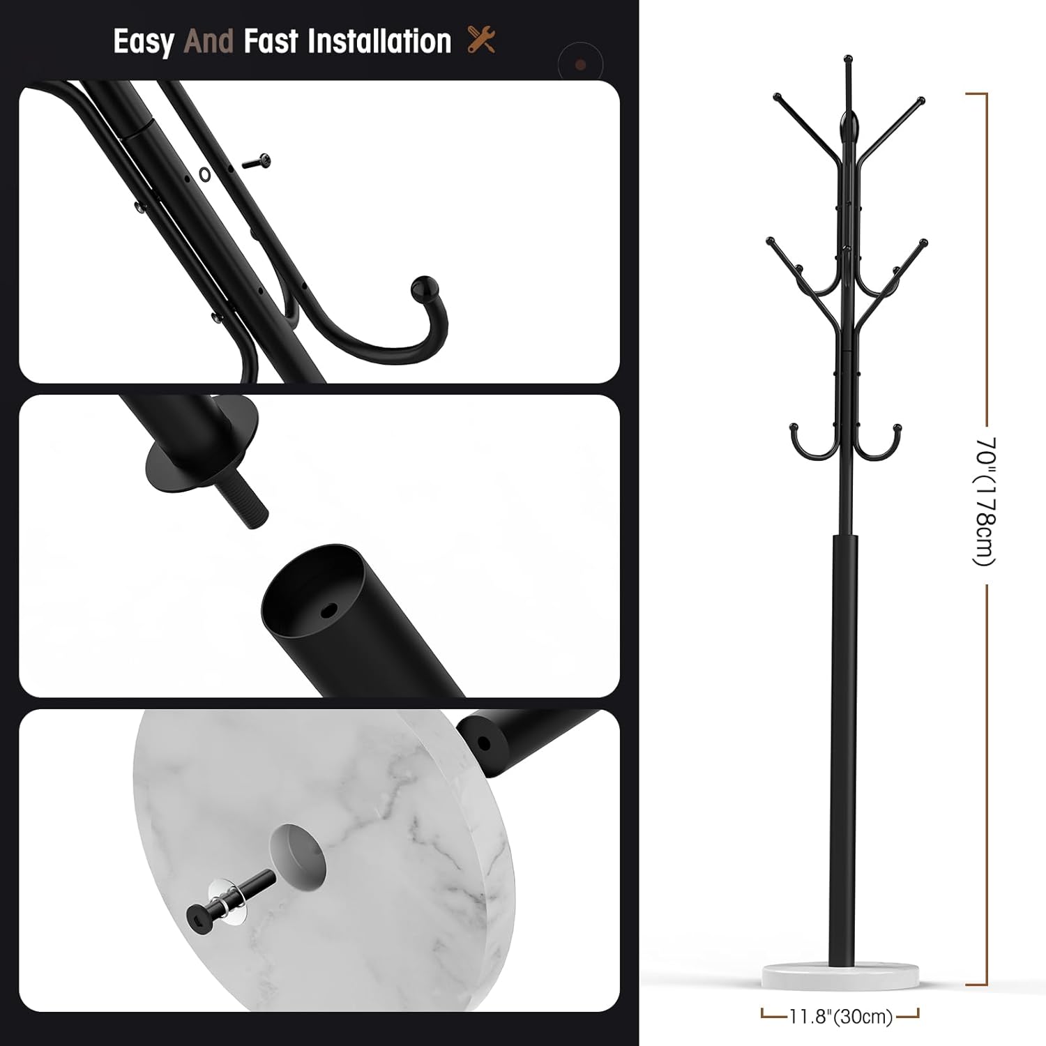 Metal Sturdy Coat Rack with 12 Storages and Natural Marble Base N7724