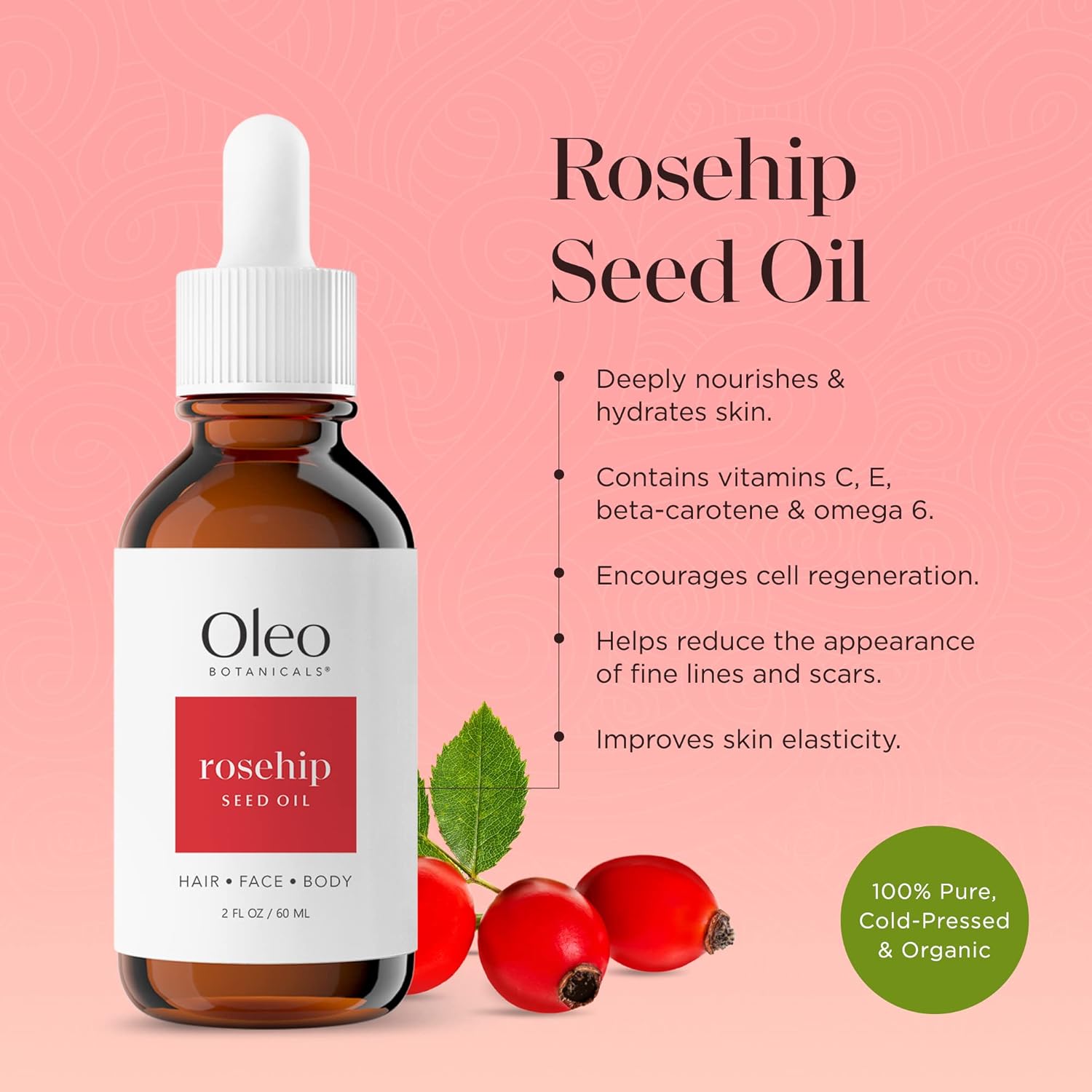 100% Pure Cold Pressed Unrefined Rosehip Seed Oil (60ml) O28119