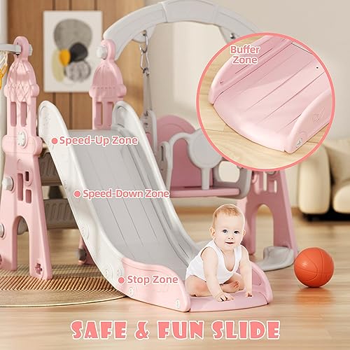 Pink Toddler Slide and Swing Set with Basketball Frame Q198