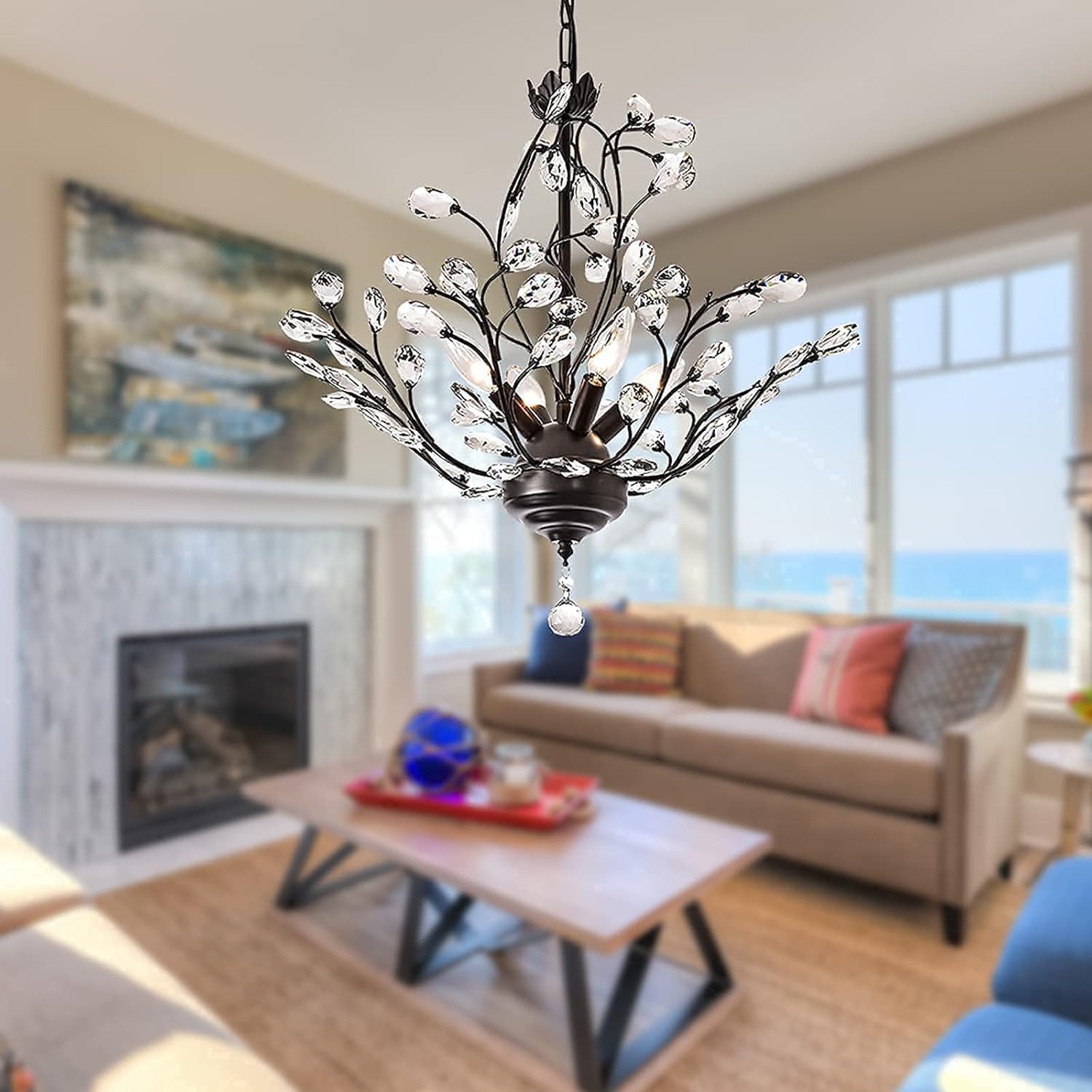 4-Light K9 Crystal Pendant Chandelier Black O478