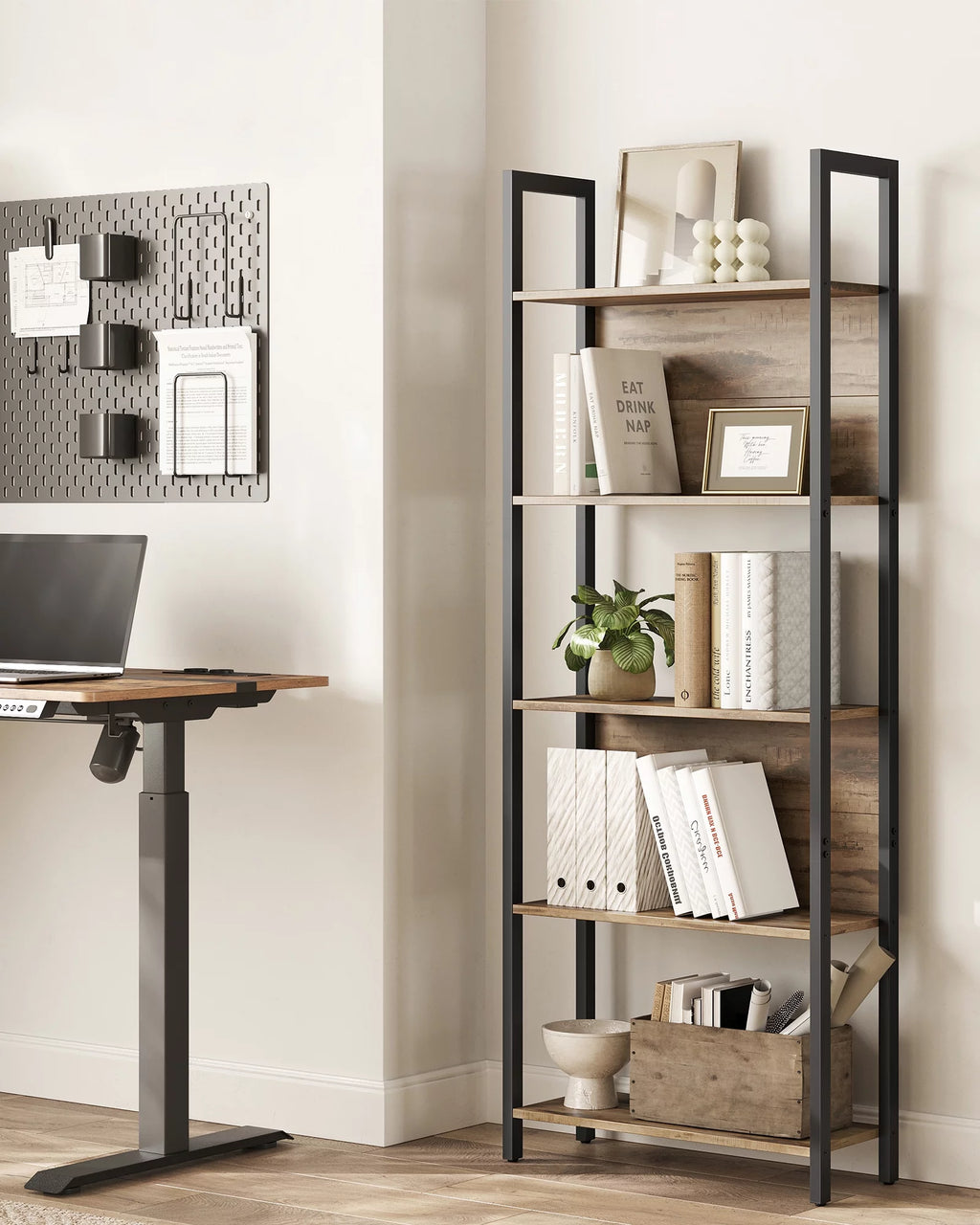 5 Tier Rustic Walnut Black Bookshelf Z5994