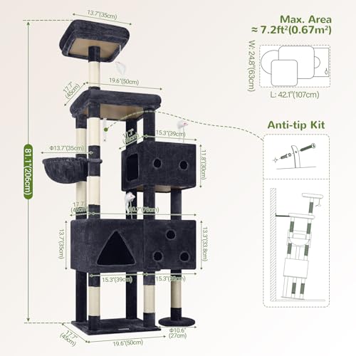 81-inch Tall Dark Grey Cat Tower with 3 Cat Condos and 8 Scratching Posts G483654