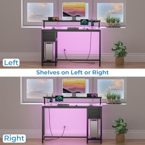Black Gaming Desk with LED Lights and Drawer C8511