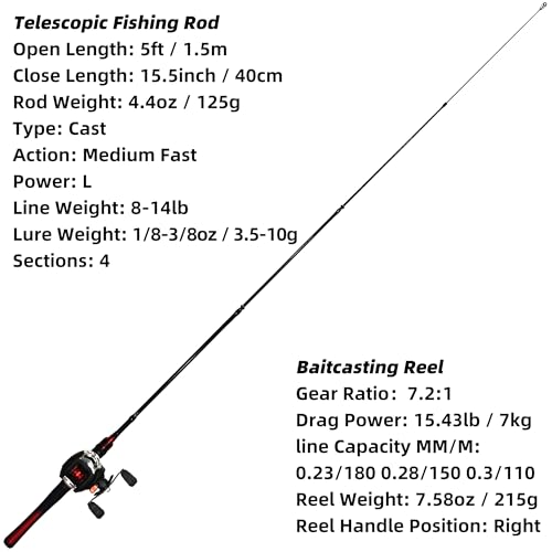 Fishing Rod and Reel Combo Baitcasting Baitcast Reel 5 Foot Fiberglass Telescopic Rod with Fishing Line E28999