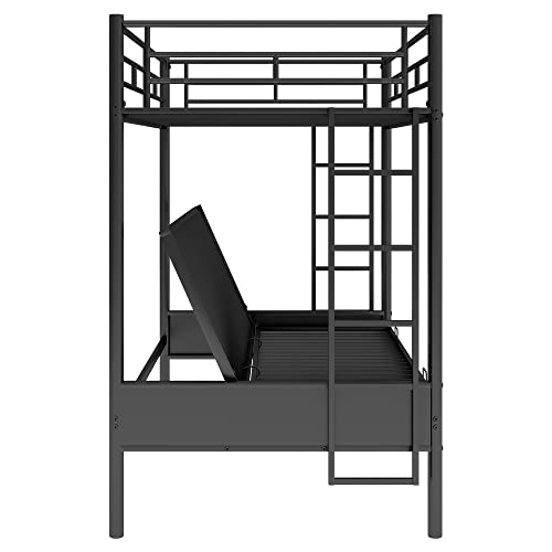 Black Metal Twin over Futon Bunk Bed with Guardrails and 2 Ladders F627