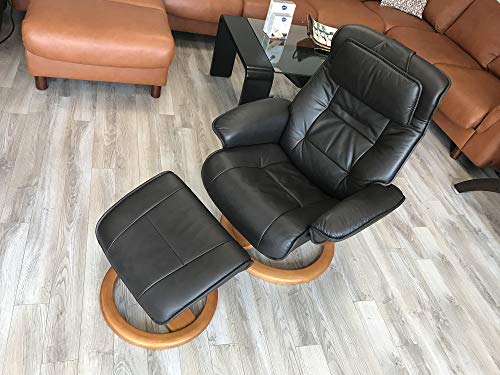 Large Ergonomic Recliner Chair with Ottoman in Stone Leather with Teak Wood Base X955
