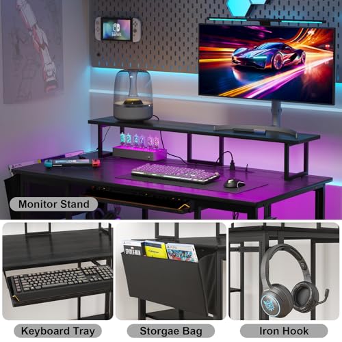 Brown Gaming Desk with LED Lights and Power Outlets Y665