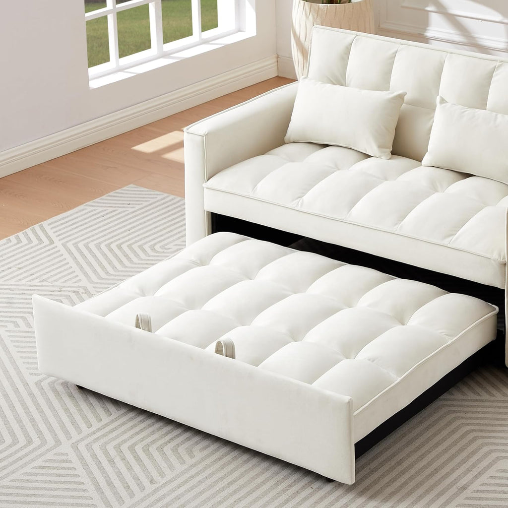 Ivory Velvet 2 Seater Convertible Loveseat Sleeper Sofa with Pull-Out Bed C4009