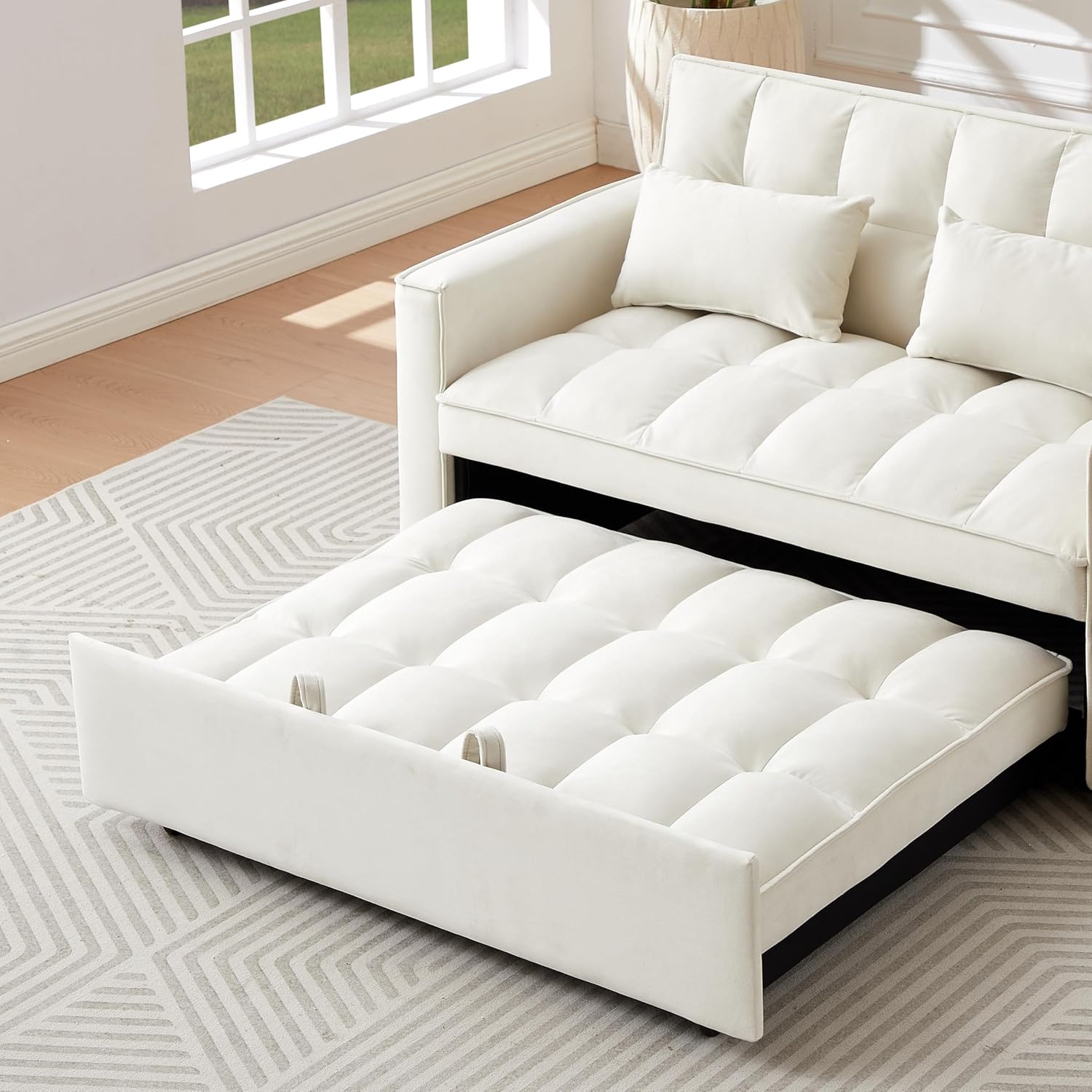 Ivory Velvet 2 Seater Convertible Loveseat Sleeper Sofa with Pull-Out Bed C4009