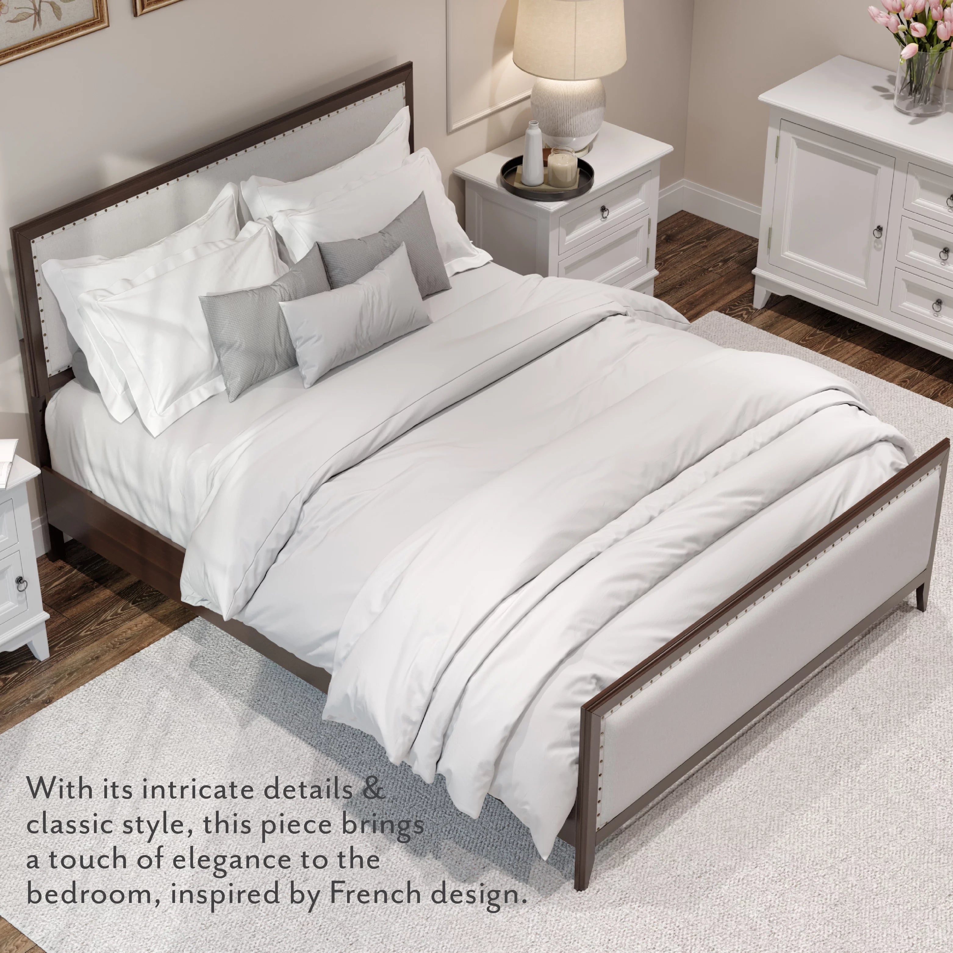 King Size Upholstered Wood Platform Bed Frame with Nailhead Trim L3807