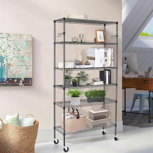 Black 6 Tier Adjustable Metal Wire Shelving Rack with Wheels A54235