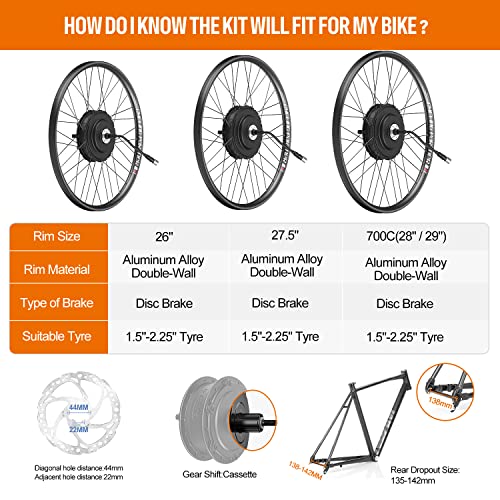 48V 750W Rear Hub Motor Ebike Conversion Kit for 26" 27.5" 700C Bicycle M3830